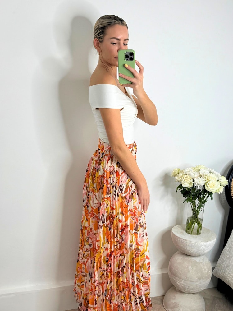 Style Cheat Orange Tropical Floral Demi Belted Pleated Midi Skirt - Image 2 of 4