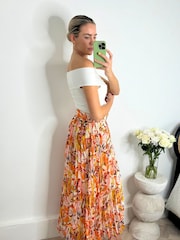 Style Cheat Orange Tropical Floral Demi Belted Pleated Midi Skirt - Image 3 of 4