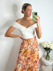Style Cheat Orange Tropical Floral Demi Belted Pleated Midi Skirt - Image 4 of 4
