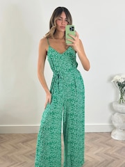 Style Cheat Green Heather Wide Leg Waist Tie Jumpsuit - Image 1 of 4