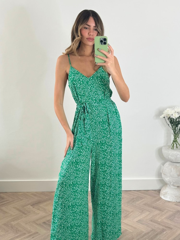 Style Cheat Green Heather Wide Leg Waist Tie Jumpsuit - Image 1 of 4