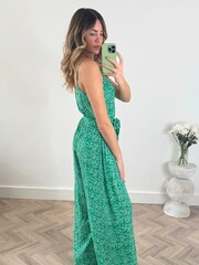 Style Cheat Green Heather Wide Leg Waist Tie Jumpsuit - Image 2 of 4