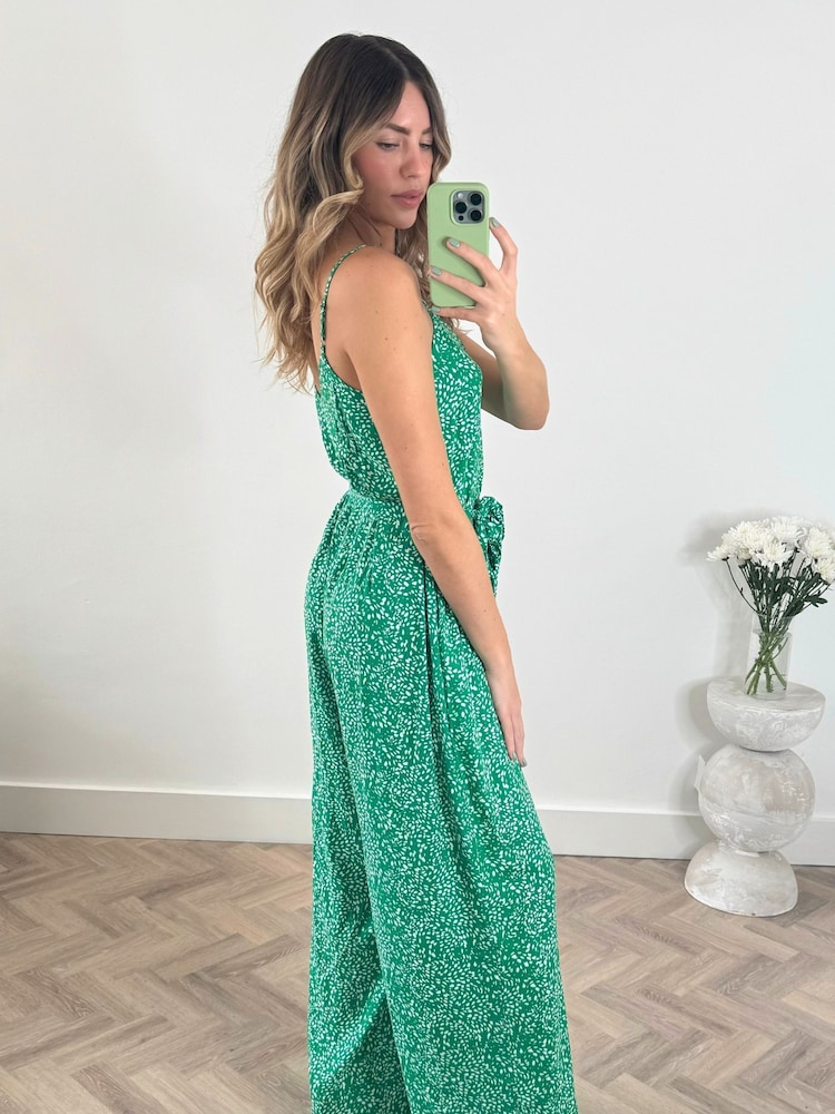 Style Cheat Green Heather Wide Leg Waist Tie Jumpsuit - Image 2 of 4