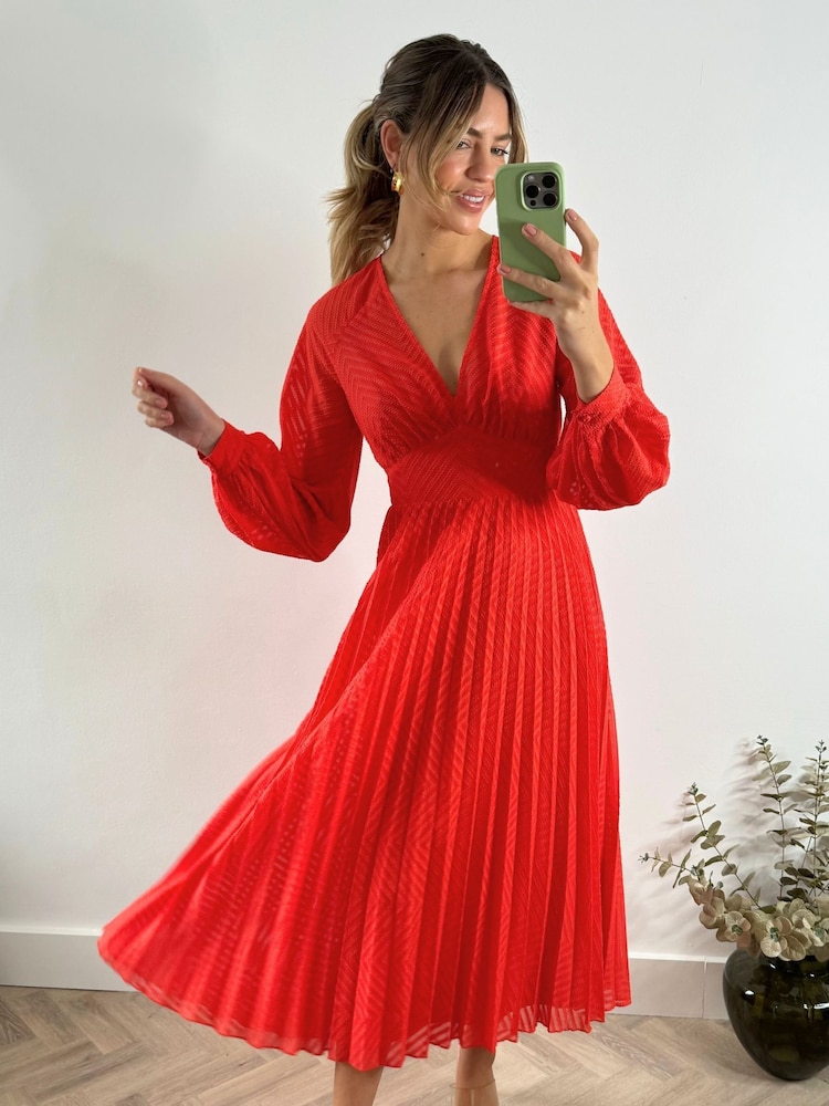 Style Cheat Red Dannica Pleated Balloon Sleeve Maxi Dress - Image 1 of 4 Style Cheat Red Dannica Pleated Balloon Sleeve Maxi Dress - Image 1 of 4
