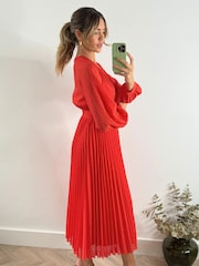 Style Cheat Red Dannica Pleated Balloon Sleeve Maxi Dress - Image 2 of 4