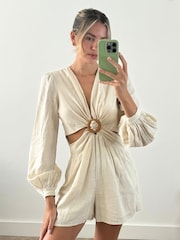 Style Cheat Cream Rosemarie Cut Out Linen Blend Playsuit - Image 1 of 4