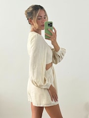 Style Cheat Cream Rosemarie Cut Out Linen Blend Playsuit - Image 2 of 4