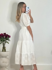 Style Cheat White Claudia Broderie Puff Sleeve Midi Dress - Image 3 of 4