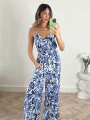 Style Cheat Blue Floral Heather Wide Leg Waist Tie Jumpsuit - Image 1 of 4