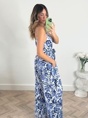 Style Cheat Blue Floral Heather Wide Leg Waist Tie Jumpsuit - Image 3 of 4