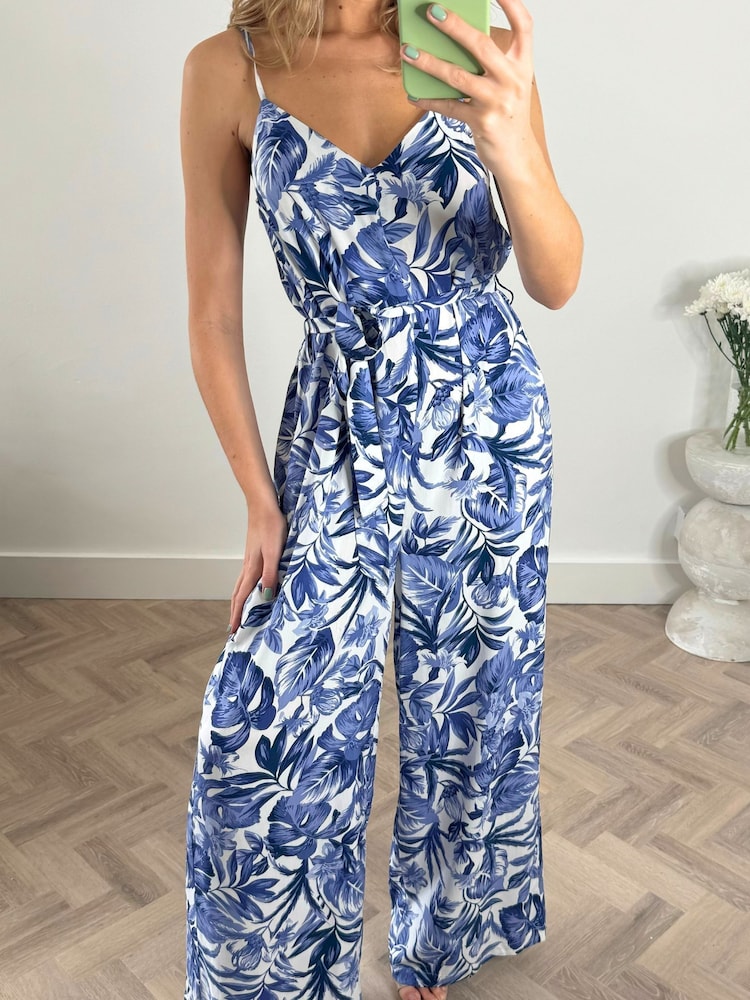 Style Cheat Blue Floral Heather Wide Leg Waist Tie Jumpsuit - Image 4 of 4 Style Cheat Blue Floral Heather Wide Leg Waist Tie Jumpsuit - Image 4 of 4
