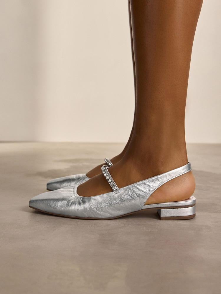 Silver Signature Leather Square Toe Sling Back Mary Janes Shoes - Image 3 of 9