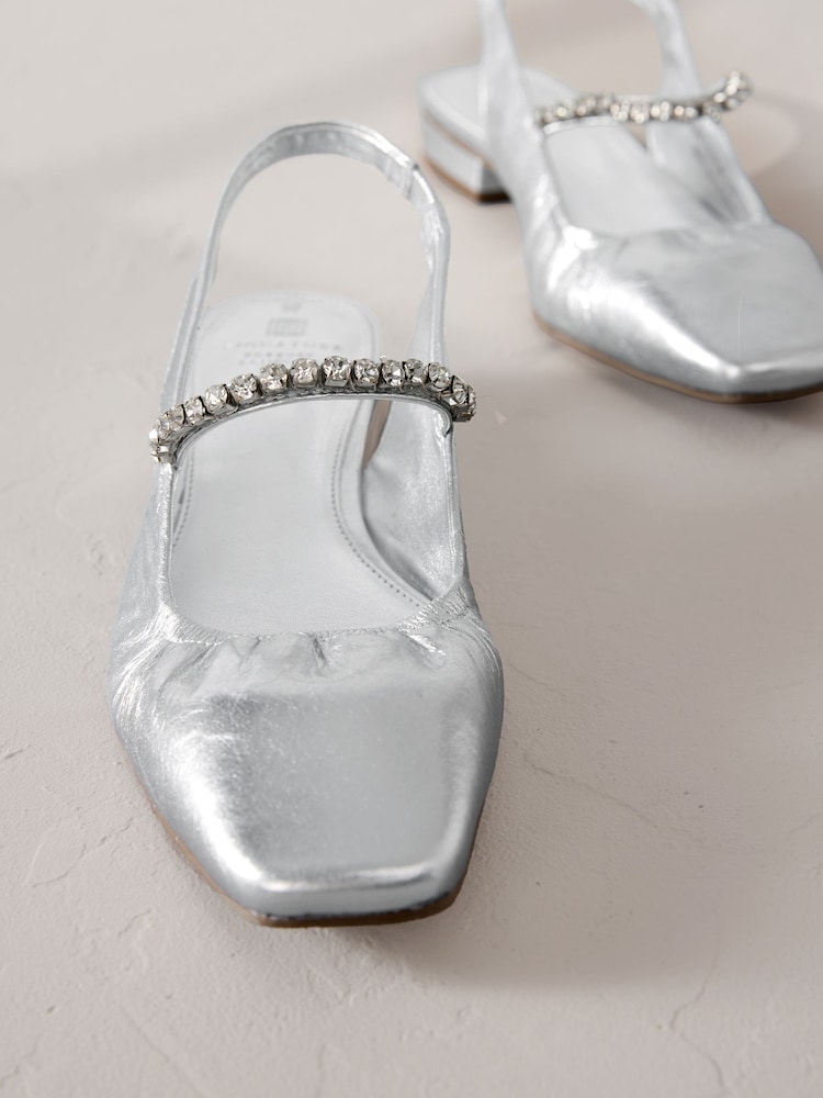 Silver Signature Leather Square Toe Sling Back Mary Janes Shoes - Image 6 of 9