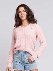 U.S. Polo Assn. Pink Womens V-Neck Cable Knit Jumper - Image 1 of 7