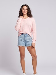 U.S. Polo Assn. Pink Womens V-Neck Cable Knit Jumper - Image 3 of 7