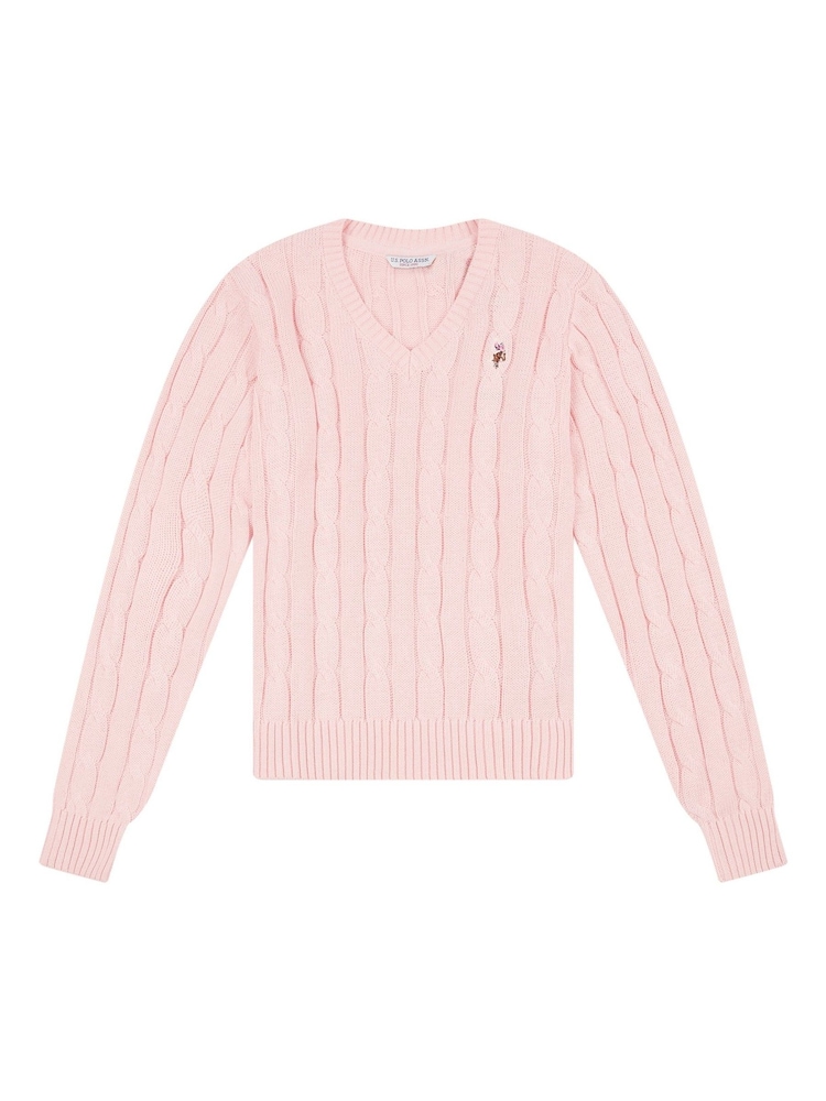 U.S. Polo Assn. Pink Womens V-Neck Cable Knit Jumper - Image 5 of 7
