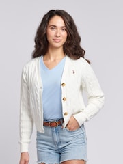 U.S. Polo Assn. White Cable Knit Womens Cropped Cardigan - Image 1 of 8