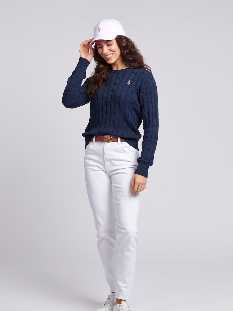U.S. Polo Assn. Navy Blue Womens Crew Neck Cable Knit Pink Jumper - Image 3 of 9
