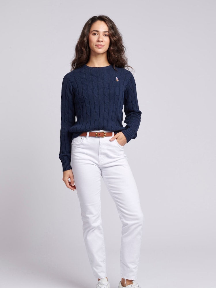 U.S. Polo Assn. Navy Blue Womens Crew Neck Cable Knit Pink Jumper - Image 4 of 9