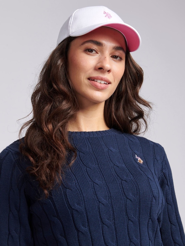 U.S. Polo Assn. Navy Blue Womens Crew Neck Cable Knit Pink Jumper - Image 5 of 9