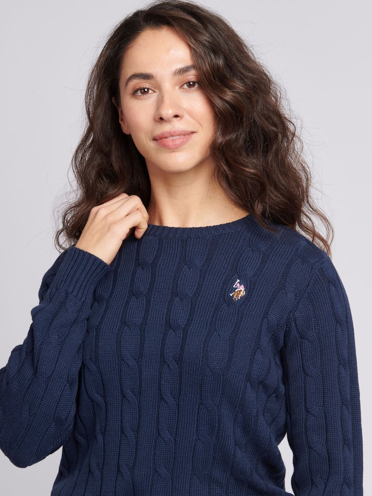 U.S. Polo Assn. Navy Blue Womens Crew Neck Cable Knit Pink Jumper - Image 6 of 9