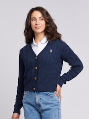U.S. Polo Assn. Blue Cable Knit Womens Cropped Cardigan - Image 1 of 7