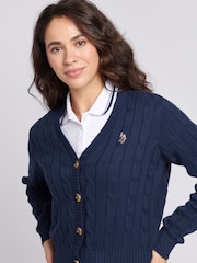 U.S. Polo Assn. Blue Cable Knit Womens Cropped Cardigan - Image 4 of 7