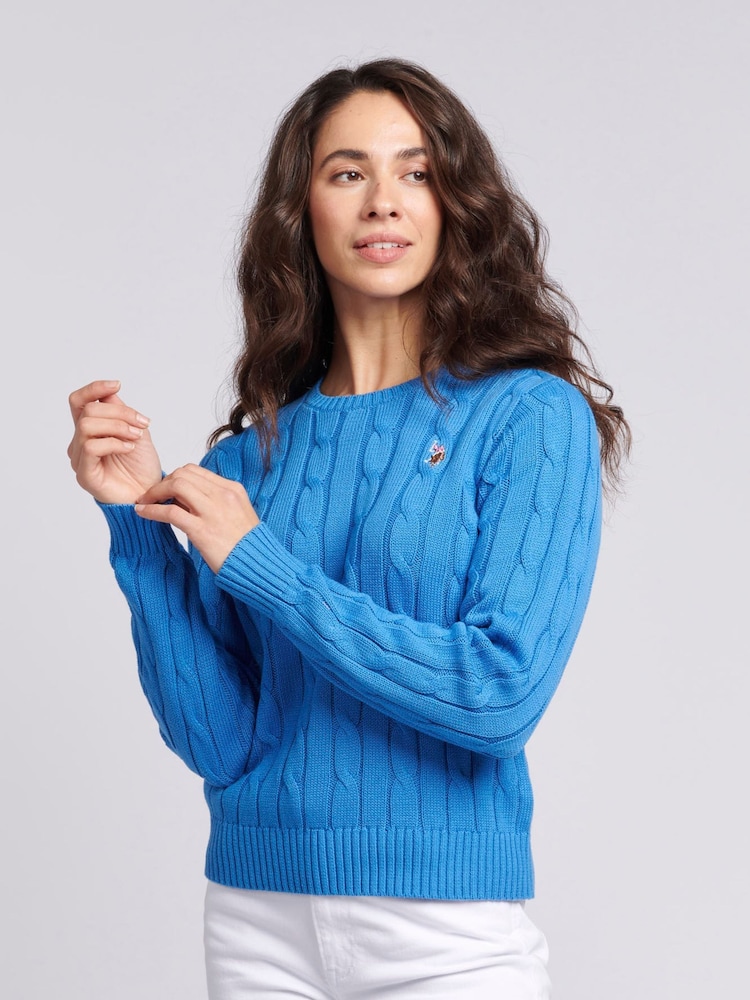 U.S. Polo Assn. Blue Womens Crew Neck Cable Knit Pink Jumper - Image 3 of 9