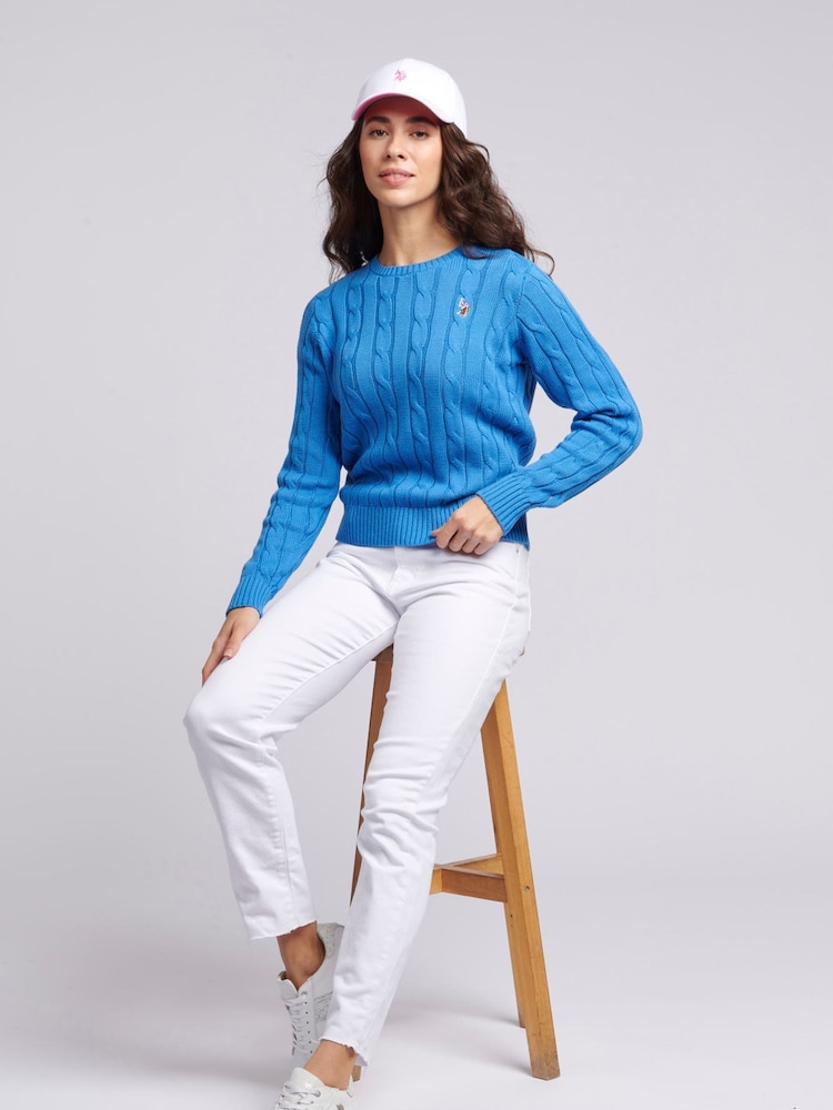 U.S. Polo Assn. Blue Womens Crew Neck Cable Knit Pink Jumper - Image 4 of 9