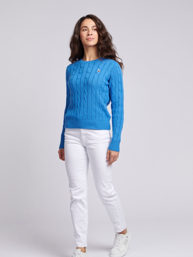 U.S. Polo Assn. Blue Womens Crew Neck Cable Knit Pink Jumper - Image 5 of 9