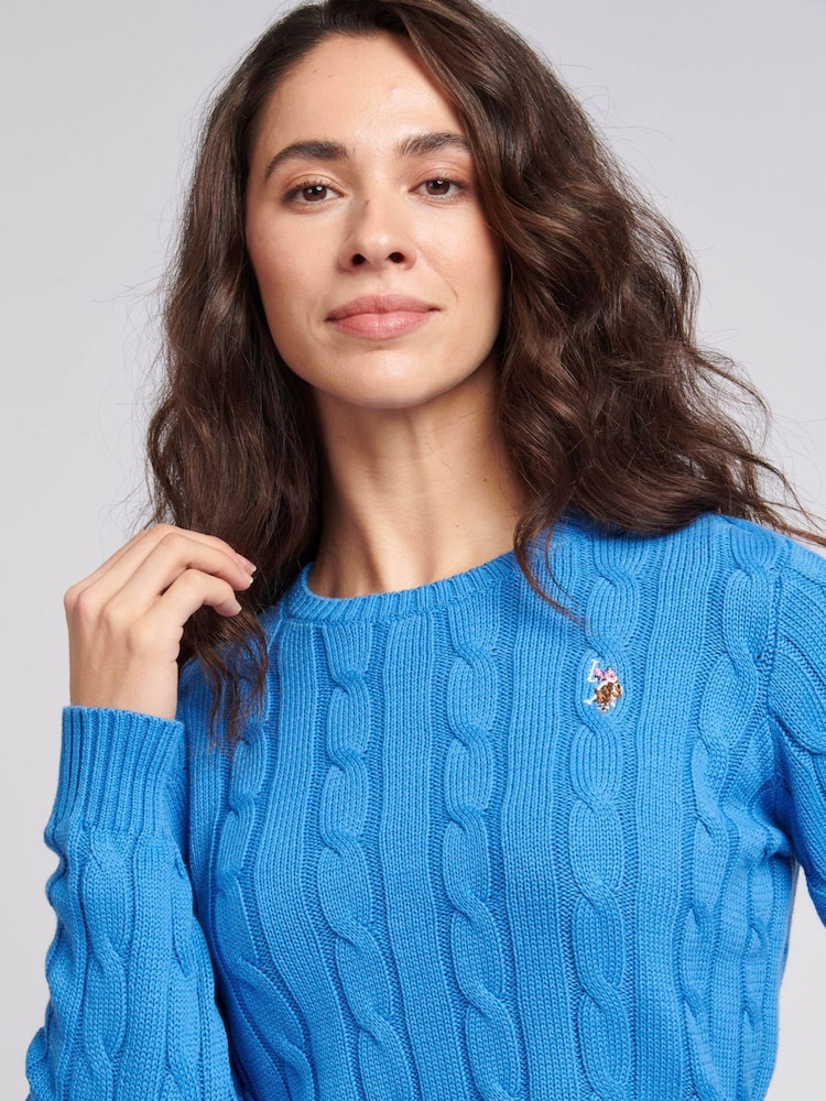 U.S. Polo Assn. Blue Womens Crew Neck Cable Knit Pink Jumper - Image 6 of 9