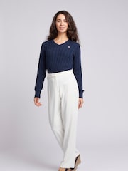 U.S. Polo Assn. Blue Womens V-Neck Cable Knit Jumper - Image 3 of 8