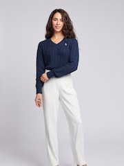 U.S. Polo Assn. Blue Womens V-Neck Cable Knit Jumper - Image 4 of 8