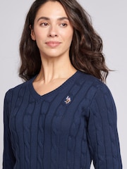 U.S. Polo Assn. Blue Womens V-Neck Cable Knit Jumper - Image 5 of 8