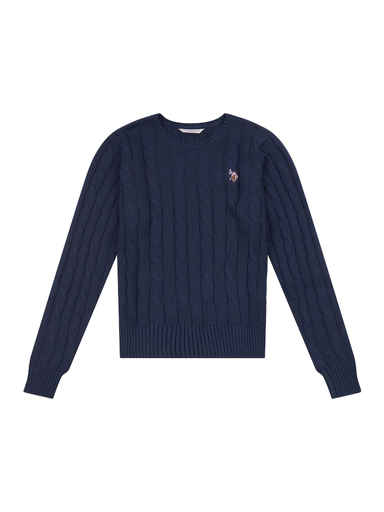 U.S. Polo Assn. Blue Womens V-Neck Cable Knit Jumper - Image 6 of 8