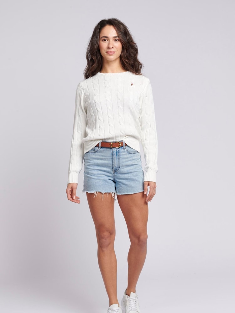 U.S. Polo Assn. White Womens Crew Neck Cable Knit Pink Jumper - Image 4 of 9