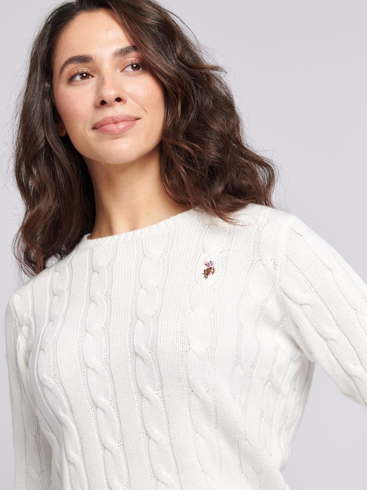 U.S. Polo Assn. White Womens Crew Neck Cable Knit Pink Jumper - Image 5 of 9