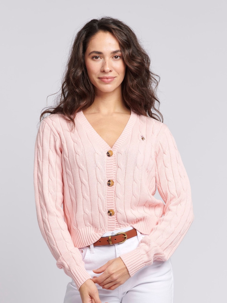 U.S. Polo Assn. Pink Cable Knit Womens Cropped Cardigan - Image 1 of 8