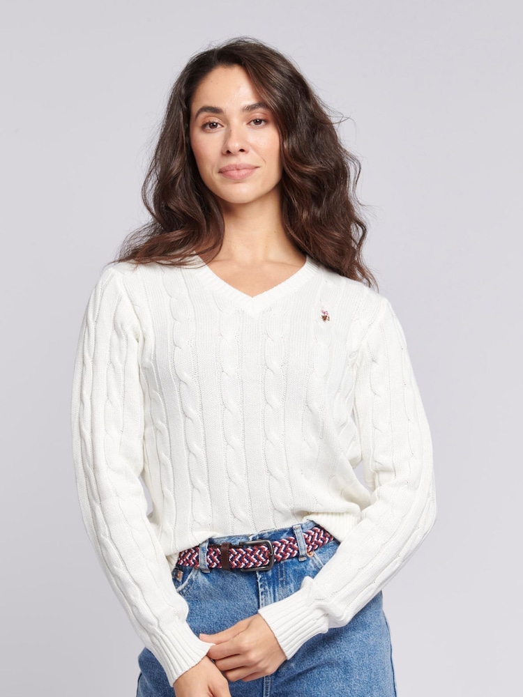 U.S. Polo Assn. White Womens V-Neck Cable Knit Jumper - Image 1 of 8