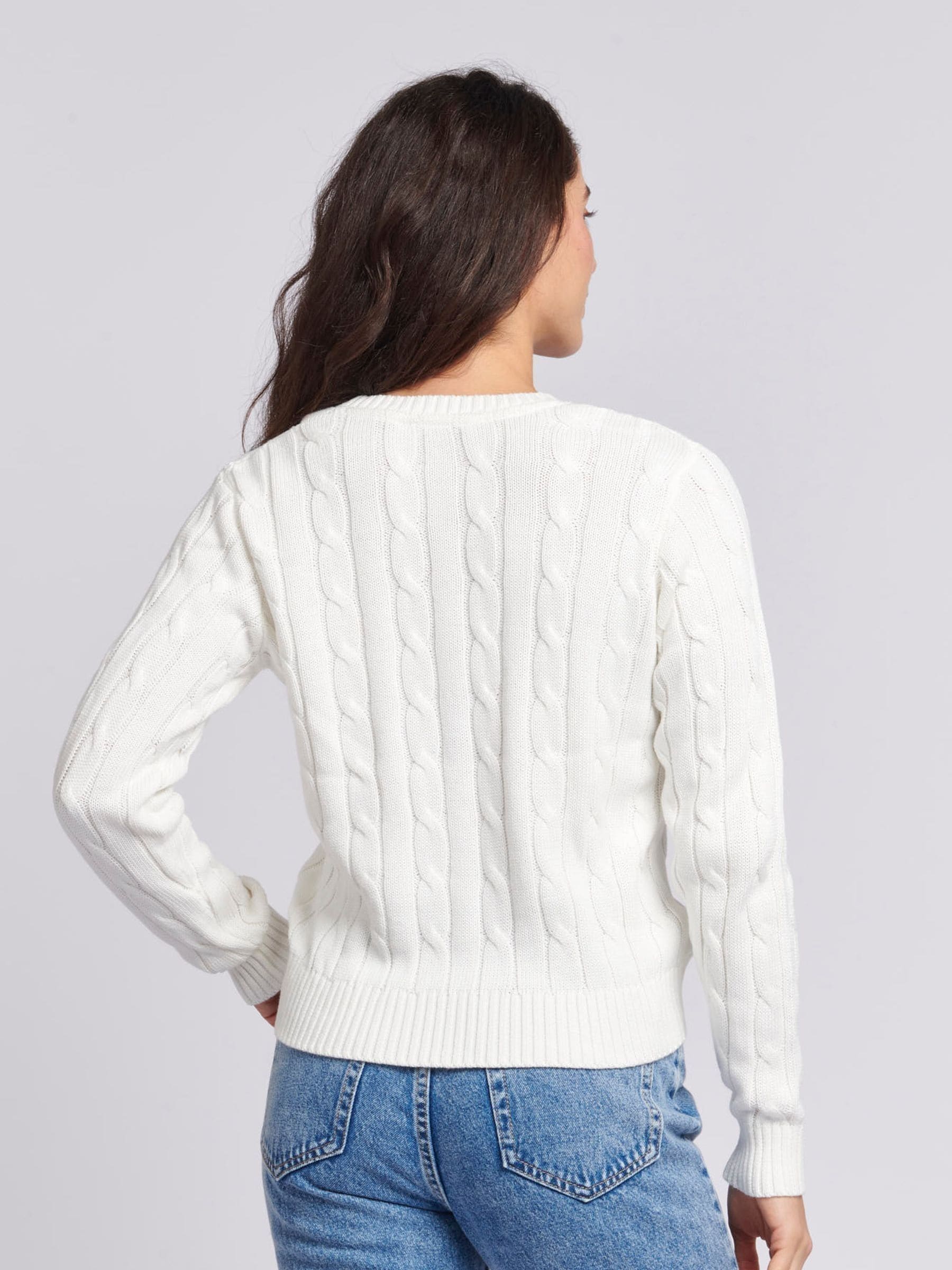 U.S. Polo Assn. White Womens V Neck Cable Knit Jumper