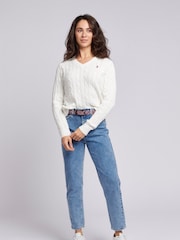 U.S. Polo Assn. White Womens V-Neck Cable Knit Jumper - Image 3 of 8