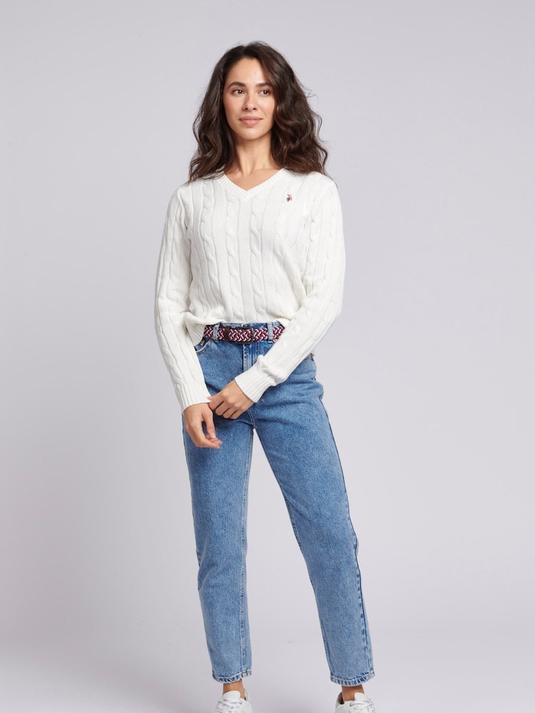 U.S. Polo Assn. White Womens V-Neck Cable Knit Jumper - Image 3 of 8