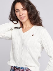 U.S. Polo Assn. White Womens V-Neck Cable Knit Jumper - Image 5 of 8