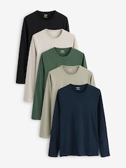 Black/ Neutral/ Dark Green/ Sage Green/ Navy Blue Long Sleeve 100% Cotton Layering T-Shirts 5 Pack - Image 1 of 8