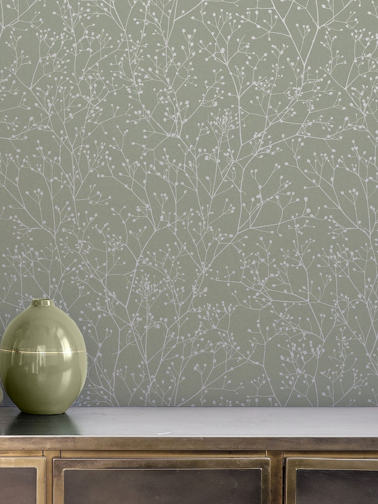 Clarissa Hulse Spring Green Silver Gypsophila 10M Wallpaper - Image 1 of 4