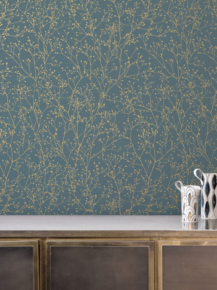 Clarissa Hulse Airforce Blue Soft Gold Gypsophila 10M Wallpaper - Image 1 of 4