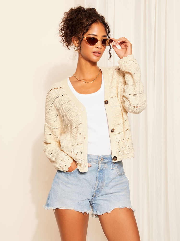 Friends Like These Ivory White Crochet V Neck Cardigan - Image 1 of 4