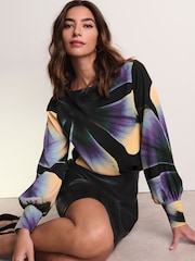 Black/Purple Floral Print Long Sleeve Gathered Sides Blouse - Image 1 of 6