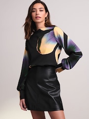Black/Purple Floral Print Long Sleeve Gathered Sides Blouse - Image 2 of 6