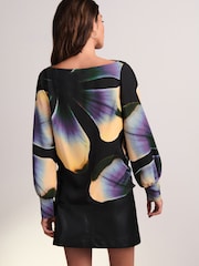 Black/Purple Floral Print Long Sleeve Gathered Sides Blouse - Image 3 of 6